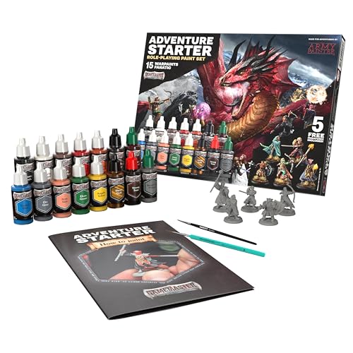 The Army Painter GameMaster: Adventure Starter Role-Playing Paint Set Combo, 15 x 18 mL Warpaints Fanatic Acrylic Paints, incl. a Brush-On Primer, 5 x 32 mm Miniatures & 2 Brushes - for Warhammer & D&D | Warpaints Fanatic Acrylic Paints Incl. 1 base paint