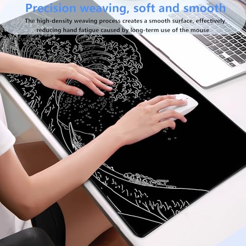 Great Wave Desk Mat, Black White Line Art Large Gaming Mousepad | Minimalist black and white wave desk pad with 3mm dense cushion, smooth cloth top, and non-slip rubber foundation. - color: Ukiyo-e of the Waves