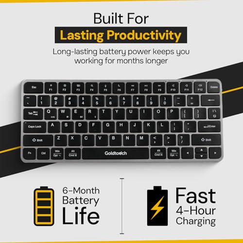 Goldtouch Trident Mini. Bluetooth Keyboard. Portable Mini Wireless Keyboard for Windows, Mac, iOS, Android. 4-Way Connectivity: USB, 2.4GHz & Dual Bluetooth. Compact 78-Key. 6-Month Battery.
