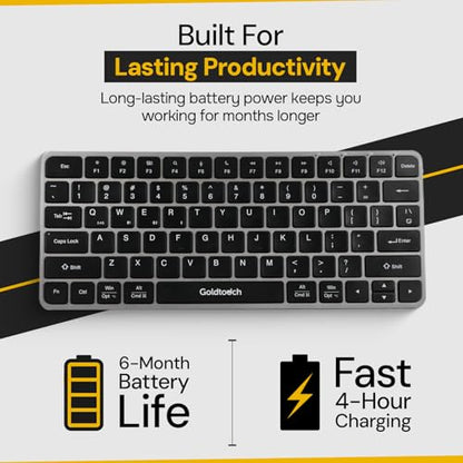 Goldtouch Trident Mini. Bluetooth Keyboard. Portable Mini Wireless Keyboard for Windows, Mac, iOS, Android. 4-Way Connectivity: USB, 2.4GHz & Dual Bluetooth. Compact 78-Key. 6-Month Battery.