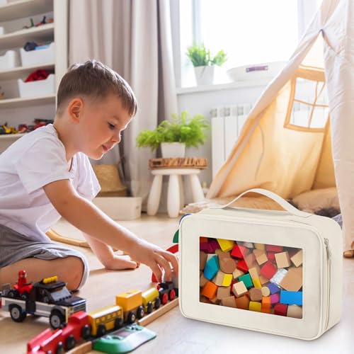 Abbylike 8 Pack Toys Storage Bags with Handle and Clear PVC Window, Classic Bricks Building Set Organization Bags, Car Toy Traveling Carrying Case for Puzzles Board Games Building Blocks(Beige) - color: Beige