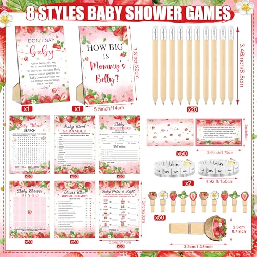 Funnymoom 426 Pcs Strawberry Baby Shower Games Set-8 Games Includes Baby Shower Bingo Price is Right Guess Who Word Scramble Prediction and Advice How Big is Mommy's Belly Don't Say the Words - color: Red, style: Strawberry