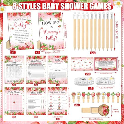 Funnymoom 426 Pcs Strawberry Baby Shower Games Set-8 Games Includes Baby Shower Bingo Price is Right Guess Who Word Scramble Prediction and Advice How Big is Mommy's Belly Don't Say the Words - color: Red, style: Strawberry