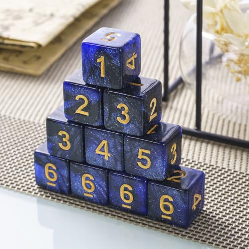 10 Pieces Polyhedral Dice Set D6 Dice 16mm Acrylic 6 Sided Dice Game Dice for Dungeons and Dragons RPG MTG DND Dice Table Games (Starry Blue Black) - color: Starry Blue Black