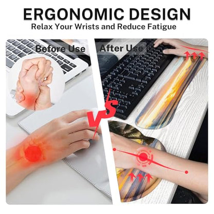 Arttown Keyboard Mouse Pad Set, 4 in 1 Desk Mat Set Beach Ocean | Sunset Tropical Summer Large Mousepad+Keyboard Wrist Rest+Mouse Wrist Rest+Coaster Ergonomic Design for Home Office Computer - color: Sunset Beach 1