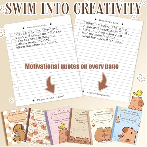 Glenmal 6 Pcs Composition Notebook Wide Ruled Cute Capy Assorted Composition Notebook 110 Page 7-1/2" x 9-1/4" Journal Gift for Back to School First Day of School Students Teacher Capy Lovers - style: Capybara