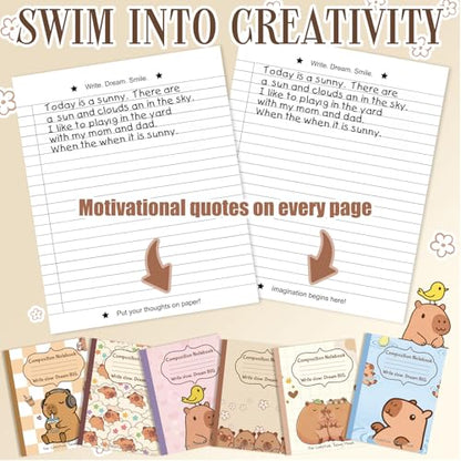 Glenmal 6 Pcs Composition Notebook Wide Ruled Cute Capy Assorted Composition Notebook 110 Page 7-1/2" x 9-1/4" Journal Gift for Back to School First Day of School Students Teacher Capy Lovers - style: Capybara