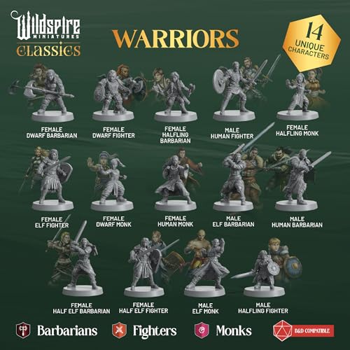 Warriors Class Set - Barbarians, Fighters, Monks - Characters, NPC for DND Miniatures Bulk I 28mm Dungeon Dragons D&D Miniatures I DND Minis D&D Figures I Pathfinder, Daggerheart, Realm Reforged