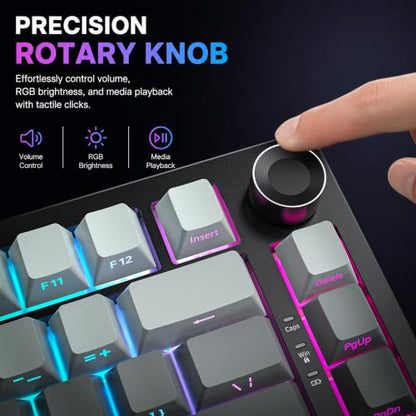 RASSE Mechanical Keyboard, Tri-Mode RGB Gaming Keyboard with Knob, Hot-Swappable Compact 75% Layout, Side-Printed PBT Keycaps, Bluetooth/2.4G/USB-C for PC Mac Laptop