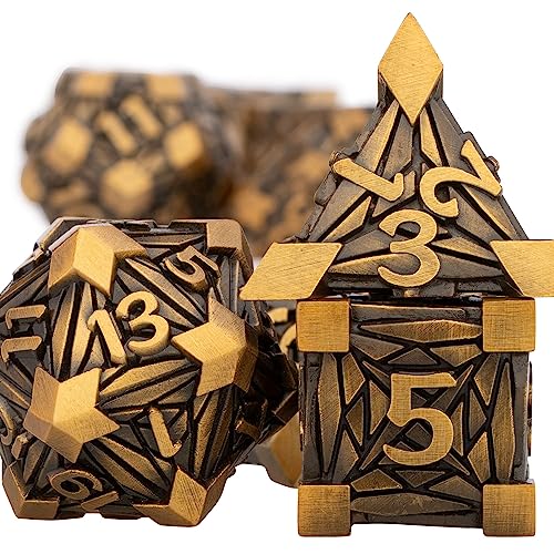 7PCS Metal DND Dice Set with Box, Debris RPG Red D and D Dice for use with D&D Tabletop Games Role Playing Game Polyhedral Dice Set D20 D12 D10 D8 D6 D4 - color: Ancient Gold