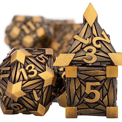 7PCS Metal DND Dice Set with Box, Debris RPG Red D and D Dice for use with D&D Tabletop Games Role Playing Game Polyhedral Dice Set D20 D12 D10 D8 D6 D4 - color: Ancient Gold