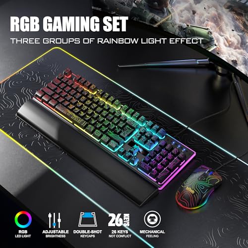 RedThunder K10 Wired Gaming Keyboard & Mouse Combo with Wrist Rest, Adjustable RGB Mechanical Feel Anti-ghosting Keyboard + 7D 7200 DPI Mouse+Soft Leather Wrist Rest for PC Gamers (Black Lines) - color: Black Lines