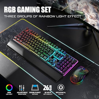 RedThunder K10 Wired Gaming Keyboard & Mouse Combo with Wrist Rest, Adjustable RGB Mechanical Feel Anti-ghosting Keyboard + 7D 7200 DPI Mouse+Soft Leather Wrist Rest for PC Gamers (Black Lines) - color: Black Lines