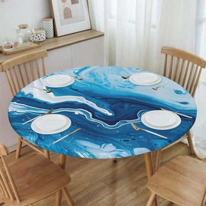 Famame Abstract Blue Marble Fitted Round Tablecloth Waterproof Table Cloth with Elastic Edge Wipe Clean Table Covers for Indoor Outdoor Fits 45"-50", Medium - color: Abstract Blue Marble