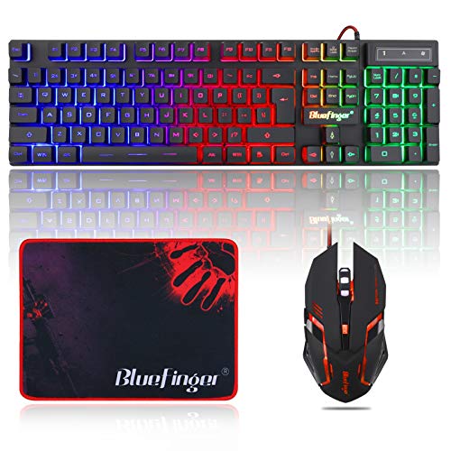 BlueFinger RGB Gaming Keyboard and Backlit Mouse Combo, USB Wired, LED Gaming Set for Laptop PC Computer Game and Work - color: Black