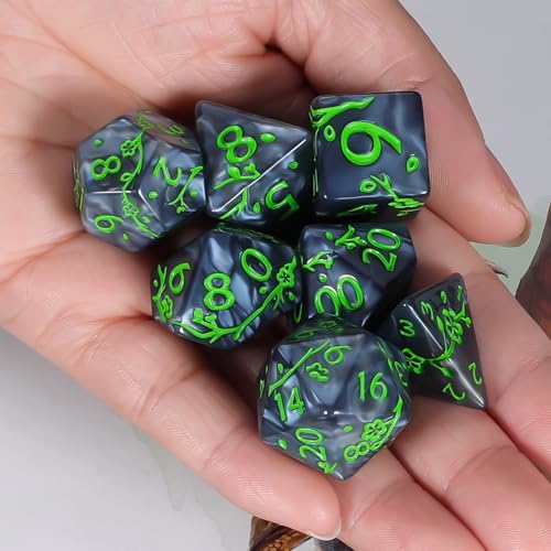 CiaraQ 7pcs Polyhedral Dice Set for Dungeon and Dragons MTG Table Games | Acrylic Role Playing Dice for D&D with Black Velvet Bag – Black Pearl with Green Numbers & Plum Blossom Patterns - color: Black and Green Floral Dice