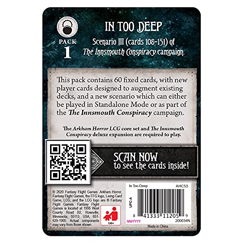 Arkham Horror The Card Game in Too Deep Mythos Pack - Unravel The Innsmouth Conspiracy! Cooperative Living Card Game, Ages 14+, 1-4 Players, 1-2 Hour Playtime, Made by Fantasy Flight Games - size: Mythos Pack, style: In Too Deep