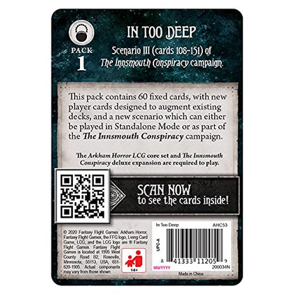 Arkham Horror The Card Game in Too Deep Mythos Pack - Unravel The Innsmouth Conspiracy! Cooperative Living Card Game, Ages 14+, 1-4 Players, 1-2 Hour Playtime, Made by Fantasy Flight Games - size: Mythos Pack, style: In Too Deep