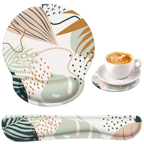 iLeadon Mouse Pad Wrist Support Keyboard Wrist Rest Set, Ergonomic Mouse Pad with Non-Slip Base for Computer Laptop Home Office + Coasters, Easy Typing & Pain Relief Mouse Mat, Tropical Plants | Ergonomic Mouse Pad with Non-Slip Base for Computer Laptop H