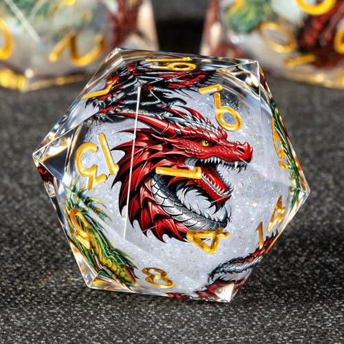 KERWELLSI Liquid Core Dragons Pattern Dice, Resin DND Dice Set with Gift Box, White and Gold Sharp Edged Dungeons D&D Dice, Role Playing Game Dice D20 D12 D10 D8 D6 D4 - color: White and Gold