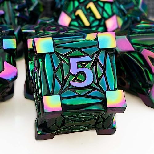 7PCS Metal DND Dice Set with Box, Debris RPG Red D and D Dice for use with D&D Tabletop Games Role Playing Game Polyhedral Dice Set D20 D12 D10 D8 D6 D4 - color: Dazzling Green