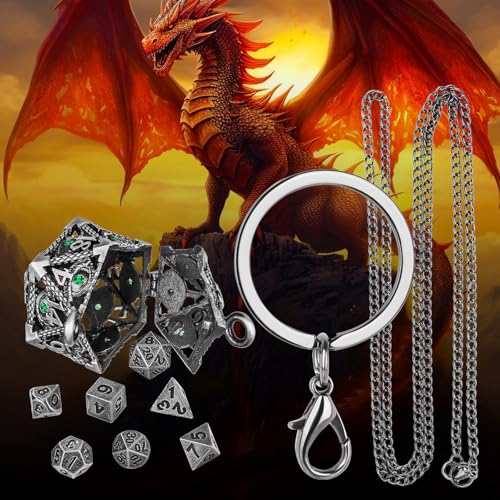 Mini DND Dice Set with Hollow D20 Metal Case Portable Keychain Necklace, Tiny 7pcs Polyhedral D&D Dice Set, DND Gifts with Gift Box, D&D Accessories for RPG（Green Diamond, Silver） - color: Dark Silver