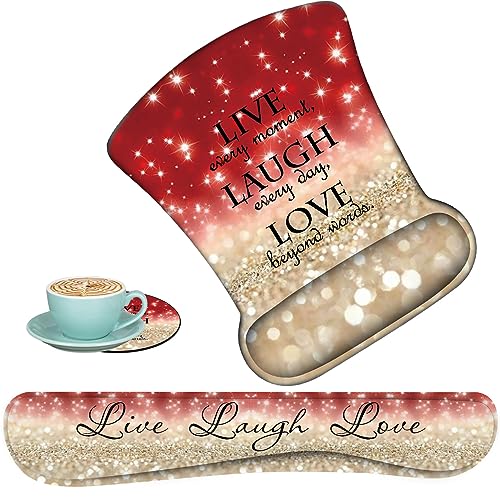 Keyboard Wrist Support + Wrist Mousepad + Coaster Combination, Non-Slip PU Base, with Gel Memory Mousepad, Suitable for Gaming, Office Pain Relief Mousepad Set - Red Glitter Quote ?Live Laugh Love - color: Red Glitter Quote ?Live Laugh Love