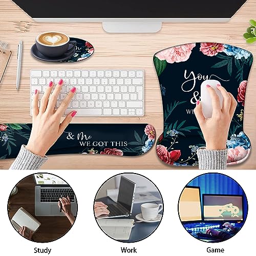 Keyboard Wrist Support + Wrist Mousepad + Coaster Combination, Non-Slip PU Base, with Gel Memory Mousepad, Suitable for Gaming, Office Pain Relief Mousepad Set - Bible Flower - color: Bible Flower