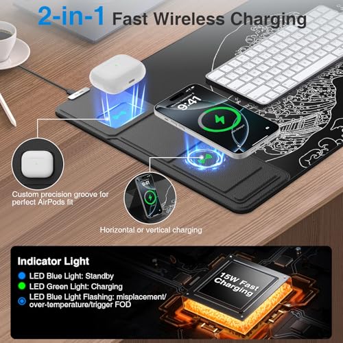 Wireless Charging Mouse Pad with Phone Holder, 31.5"x15.8" in, Black Wave | Large Desk Mat for Laptop/Keyboard, Waterproof Ultra-Smooth Surface, Non-Slip Base - color: Black Wave-Phone Holder-31.5"x15.8"