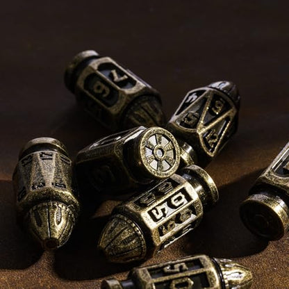UDIXI Metal DND Bullet Dice Set, Polyhedral Bullet Metal Dice Set Bronze | 7PCS, Cool Style, Magazines Container and PU Leather Bag, for D&D Dungeons and Dragons Role Playing Games and Tabletop Games - color: Bronze