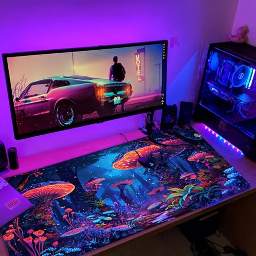 Simpkeely Fantasy Mushroom Mouse Pad, Blacklight Gaming Forest Waterproof Extended Large Desk Pad UV Long Computer Keyboard Big Mouse Mat with 3mm Non-Slip Rubber Base for Office Home - 31.5" x 11.8" - color: Mushroom Forest