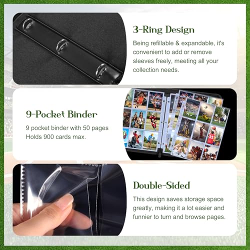 POKONBOY 9 Pocket Baseball Card Binder for 900 Cards, Trading Card Binder Collection Album Holder with Sleeves for Football Sports Games Cards - color: Baseball