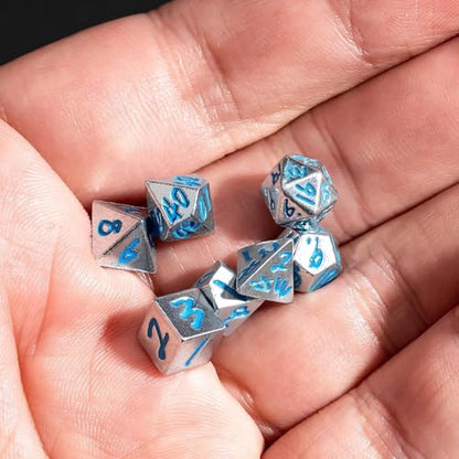 Mini Dice Set with Rune Keychain Case,7PCS Polyhedral Metal Dice Set for DND Role Playing Games(Silver/Silver Blue) - color: Silver/Silver Blue