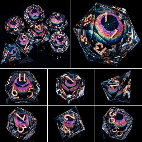 ARUOHHA DND Dragon Eye Dice Liquid Core Resin Sharp Edged Dice Set with Gift Box, RPG Role Playing Game Polyhedral Handmade D and D Dice D20 D12 D10 D8 D6 D4 - color: Yy03-rainbow