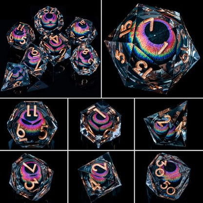 ARUOHHA DND Dragon Eye Dice Liquid Core Resin Sharp Edged Dice Set with Gift Box, RPG Role Playing Game Polyhedral Handmade D and D Dice D20 D12 D10 D8 D6 D4 - color: Yy03-rainbow