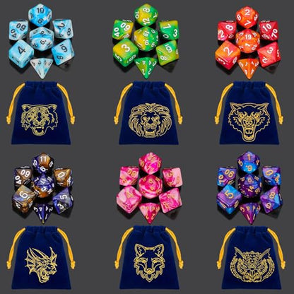 DND Dice Set - QMay 42pcs Polyhedral Dice, 6 Complete Double-Colors D&D Dice Sets with 6 Blue Drawstring Bags for Dungeons and Dragons RPG MTG Table Games - color: 6 Sets-42pcs(blue Bag)