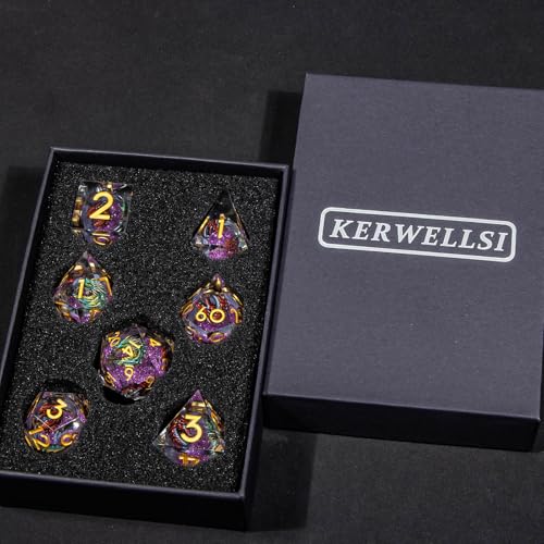 KERWELLSI Liquid Core Dragons Pattern Dice, Resin DND Dice Set with Gift Box, Purple and Gold Sharp Edged Dungeons D&D Dice, Role Playing Game Dice D20 D12 D10 D8 D6 D4 - color: Purple and Gold