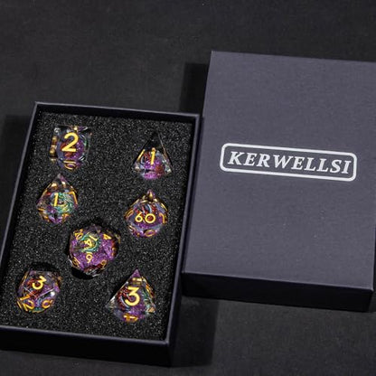 KERWELLSI Liquid Core Dragons Pattern Dice, Resin DND Dice Set with Gift Box, Purple and Gold Sharp Edged Dungeons D&D Dice, Role Playing Game Dice D20 D12 D10 D8 D6 D4 - color: Purple and Gold