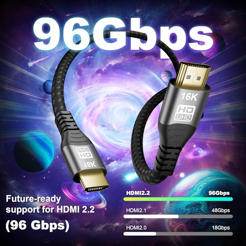 16K 10K 8K HDMI 2.2 Cable 1.6FT, 96Gbps Ultra High Speed HDMI Braided Cord, Support 16K@60Hz 12K@120Hz 10K@30Hz HDCP 2.2&2.3, Dynamic HDR,eARC,DTS:X, for Roku TV/HDTV/PS5/Xbox/Blu-ray - size: 0.5M/1.6Feet