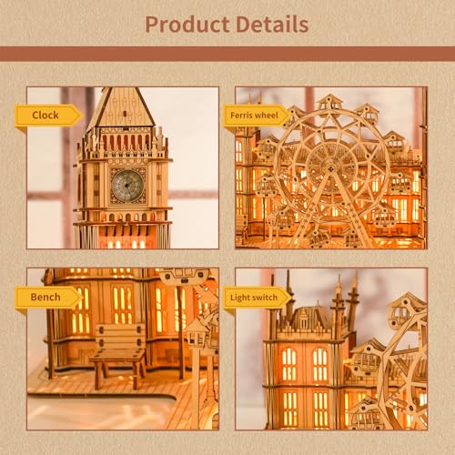 Music Park 3D Wooden Puzzle, Big Ben with LED | Big Ben clock with LED night light and London Eye Ferris wheel. DIY model building kit. Home decor gift. - color: Big Ben
