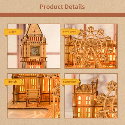 Music Park 3D Wooden Puzzle, Big Ben with LED | Big Ben clock with LED night light and London Eye Ferris wheel. DIY model building kit. Home decor gift. - color: Big Ben