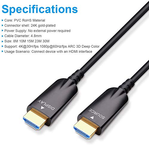 DTECH 75ft Fiber Optic HDMI Cable with 4K 30Hz and 1080p 60Hz HD Video 3D ARC HDCP CEC High Speed Supported Compatible with DVD Player Computer Monitor Gaming Console TV (75 Feet, Black) - size: 75ft
