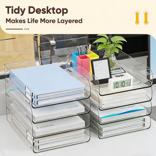 HIYOHIYO Clear Office Desk Organizer for A4 Letter Paper, 4-Tier Vertical | Stackable | Large Capacity | Sturdy Office DeskTtop Organizer for File Folder, Stable Home Desk Paper Holder and Storage - size: 10" x 13" x 11"