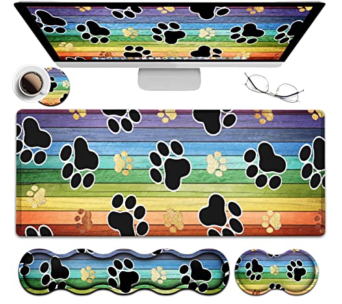 Ergonomic Mouse Pad Set, Desk Mat(31.5×11.8 in) + Keyboard Wrist Rest Support + Mouse Wrist Rest for Office,Home,Computer,Laptop -Rainbow Woodgrain Black Cute Dog Paw Gaming Large Mousepads XXL - color: JV-mouse pad-8-14