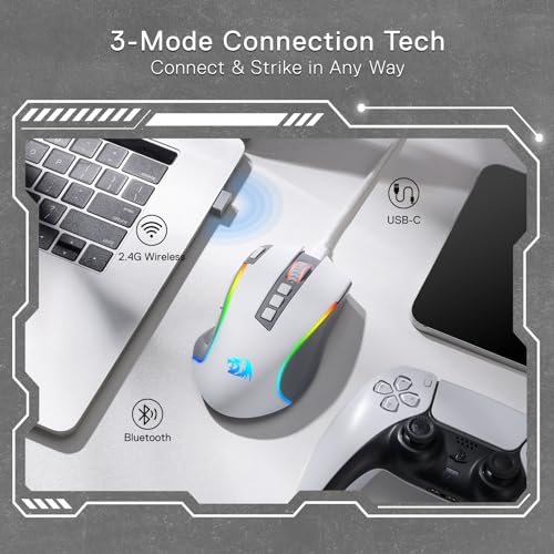 Redragon M612 Wireless RGB Optical Gaming Mouse 8000 DPI Remapping Keys | Cable-Free 0 Delay, Redefine Keybinding Macro, Vibing Backlight, Ergonomic Grip Body Comfort - color: Gray, style: Wireless