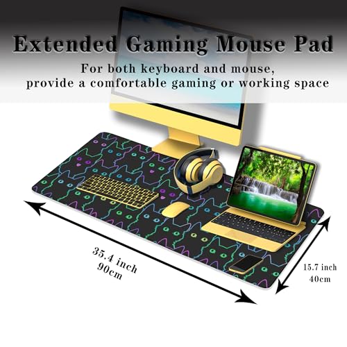Big Mouse Pad Black Purple The Desk Pad Computer Mouse Pads Keyboard Pads Deskmat Waterproof Non-Slip Rubber Base 35.4" X 15.7" for Game Office, Cartoon Cat with Neon Lines Design - color: Cartoon Cat