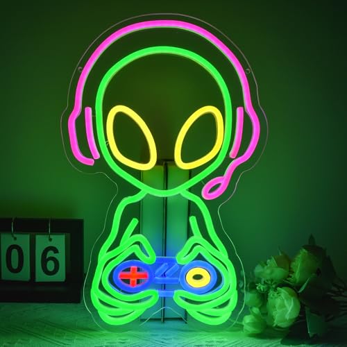 Alien Gamer Neon Sign Dimmable Alien Neon Signs for Wall Decor, LED Neon Light for Gaming Room Bedroom Man Cave Kid Room, USB Powered Light Up Sign Decorations Game Gift - color: Colorful,DianJing Wai Xin Rei