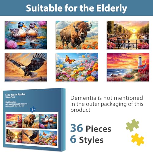 6 Pack 36 Piece Large Jigsaw Puzzle for Seniors Puzzles Dementia Alzheimer's Products and Activities for Elderly Adults Alzheimer's Puzzles Easy Memory Games Gift for Seniors Patients in Nursing Home - style: 36 Large Pieces