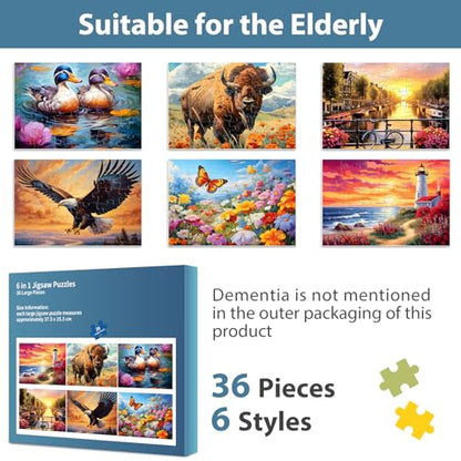 6 Pack 36 Piece Large Jigsaw Puzzle for Seniors Puzzles Dementia Alzheimer's Products and Activities for Elderly Adults Alzheimer's Puzzles Easy Memory Games Gift for Seniors Patients in Nursing Home - style: 36 Large Pieces