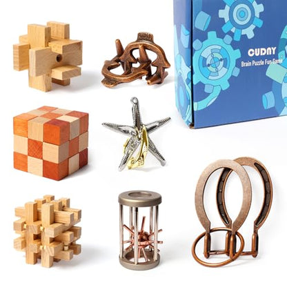 CUDNY 7 Pieces Cool Mind Puzzles Unlock Interlock Brain Teaser Games for Adults and Kids Wooden and Metal Puzzles IQ Logic Fun Box - style: Set A